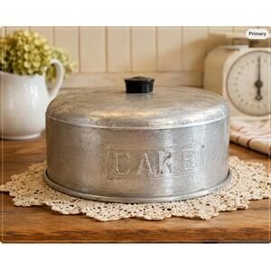 Vintage Aluminum Cake Carrier Dome Cover Embossed CAKE Mid Century Retro